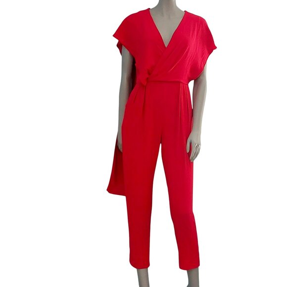MAX MARA Red Jumpsuit Size 8 Draped Shoulder Tapered Leg V Neck Flutter Sleeves - Picture 5 of 16